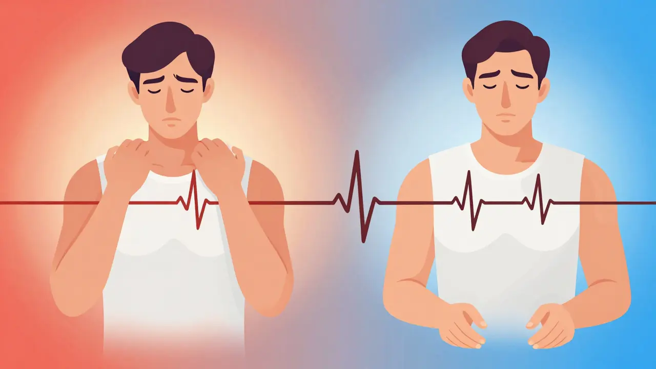 Side-by-side comparison of stressed and relaxed physiological states with visualized heart rate and body temperature.