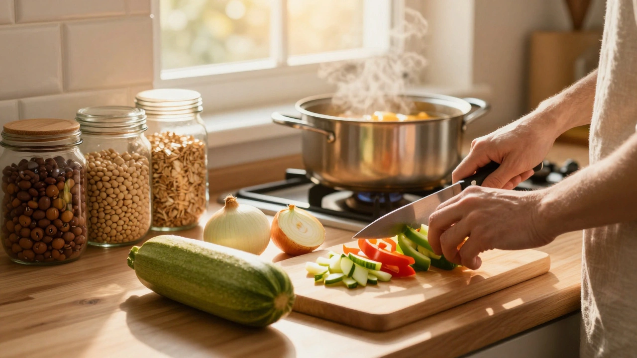 Someone chopping fresh vegetables in a sunlit kitchen with beans and lentil soup nearby.