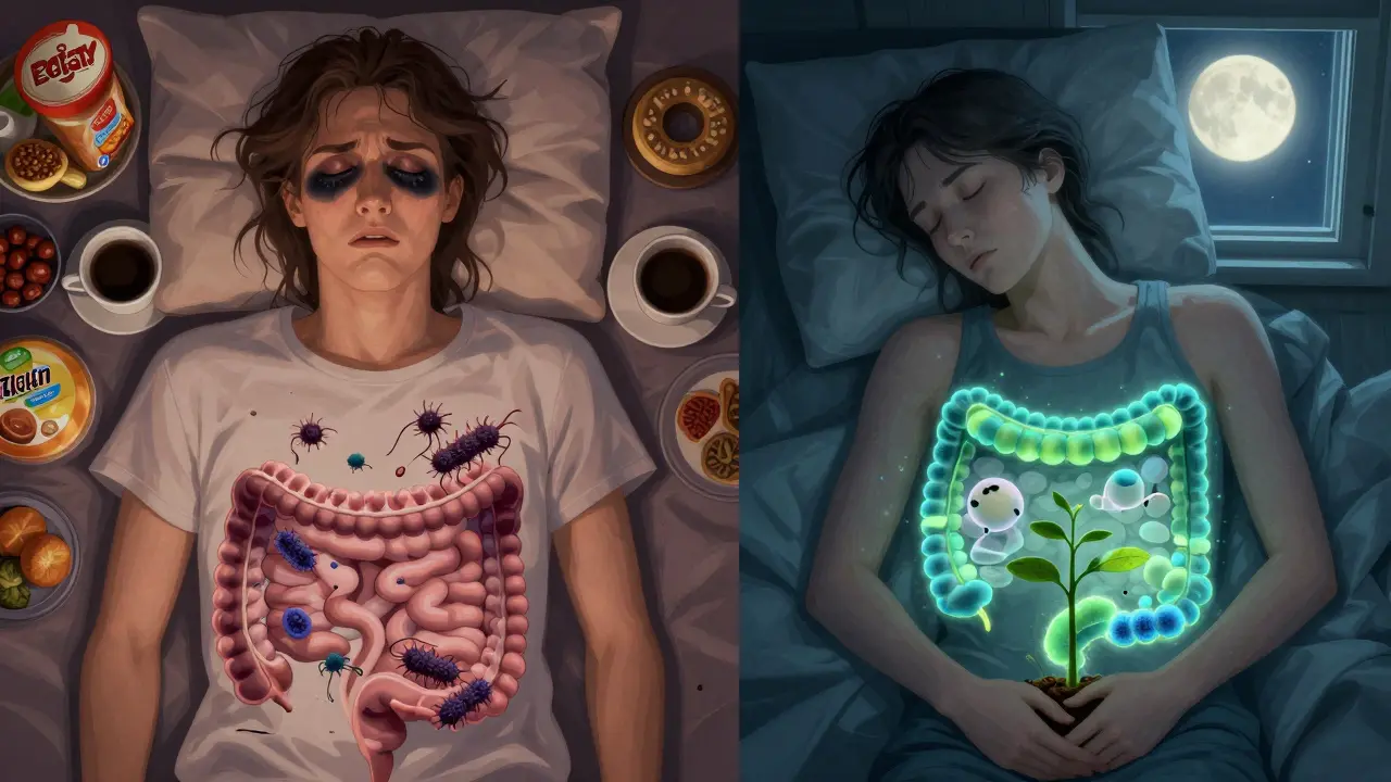 Split image showing stressed unhealthy gut versus peaceful, healing gut with glowing microbes and natural light.