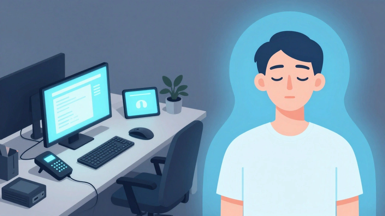 Split-screen contrast between a chaotic office and a calm person practicing mindfulness.