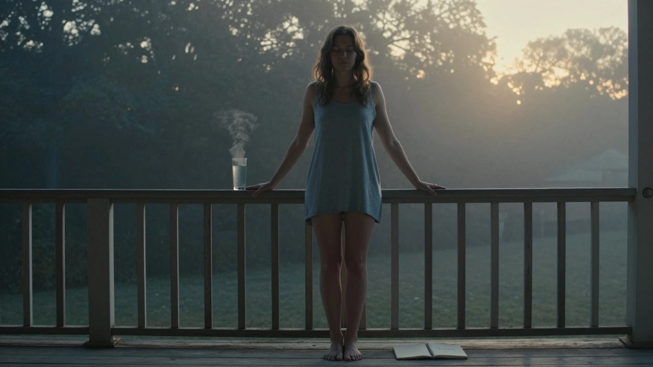 Woman standing peacefully on her porch at sunrise, drinking water.