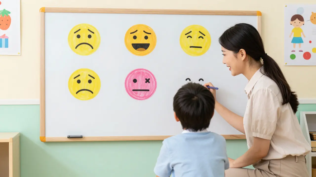 A child drawing emotion faces on a classroom whiteboard with teacher support.