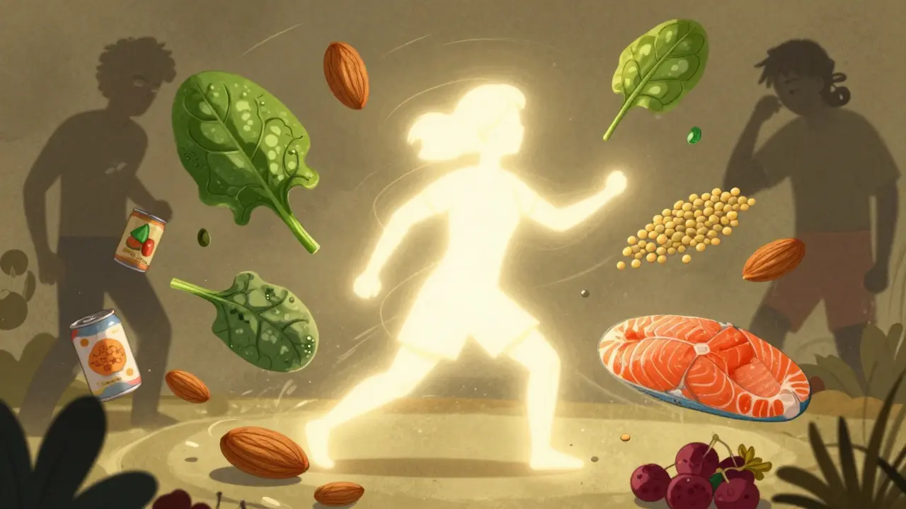 A glowing person surrounded by whole foods while tired figures cling to processed snacks.