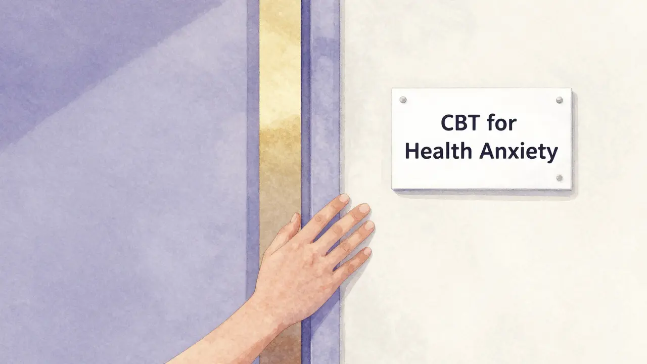 A hand hesitates outside a therapist's office door, symbolizing the first step toward healing from health anxiety.