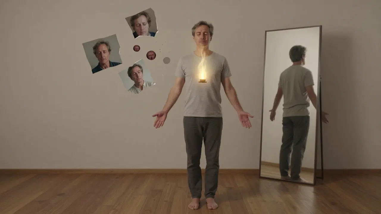 A man weeping gently as past pain fades, with a glowing breath rising, representing emotional reawakening through meditation.