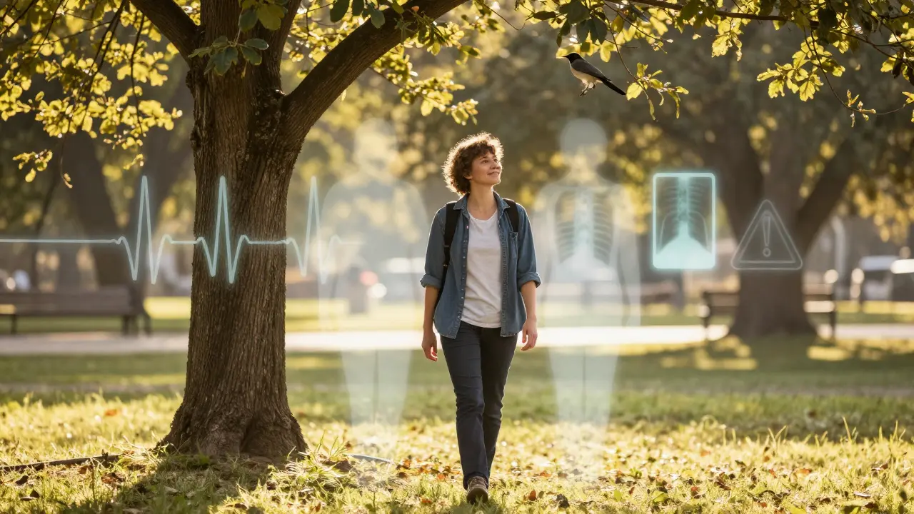 A person walking peacefully in a sunlit park as medical symbols fade away behind them.