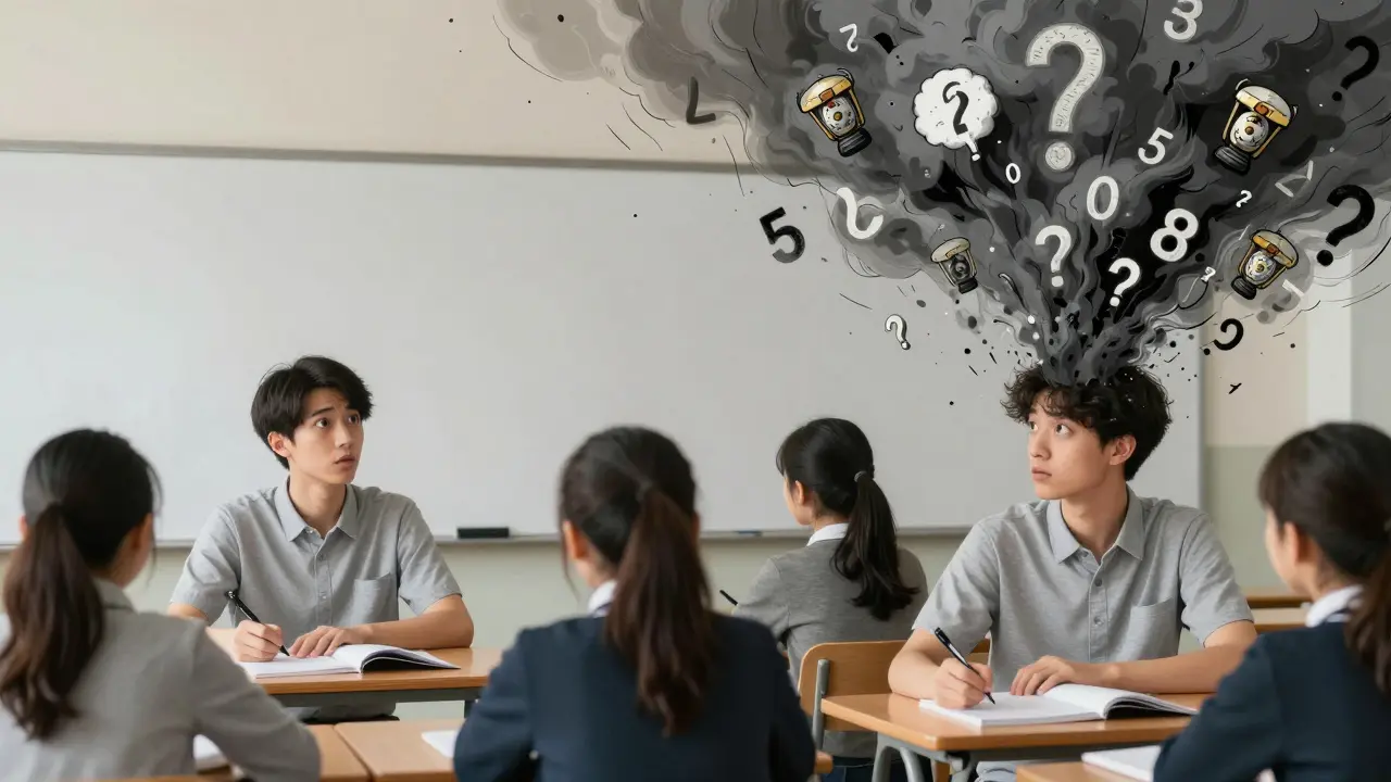 A student's mind is depicted as a storm of chaotic thoughts during a lecture.