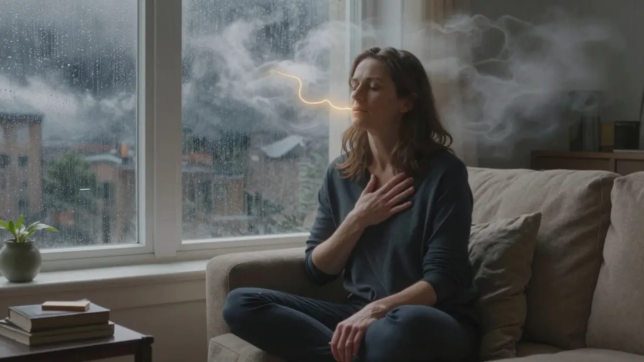 A woman in a cozy room, calm amid swirling thoughts, symbolizing mindfulness breaking the cycle of anxiety.