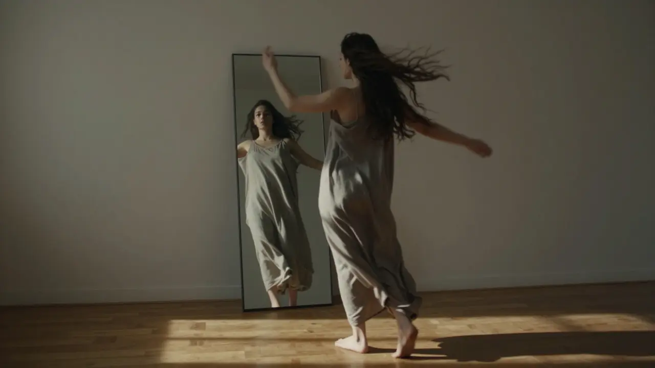 A woman moving freely before a mirror, arms raised like trees, sunlight casting soft shadows.
