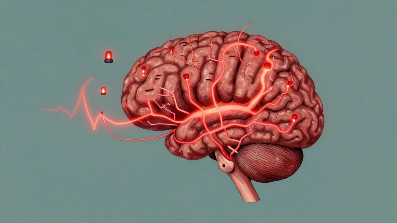 An abstract brain with red alarm pathways firing at harmless bodily sensations like heartbeat and breath.
