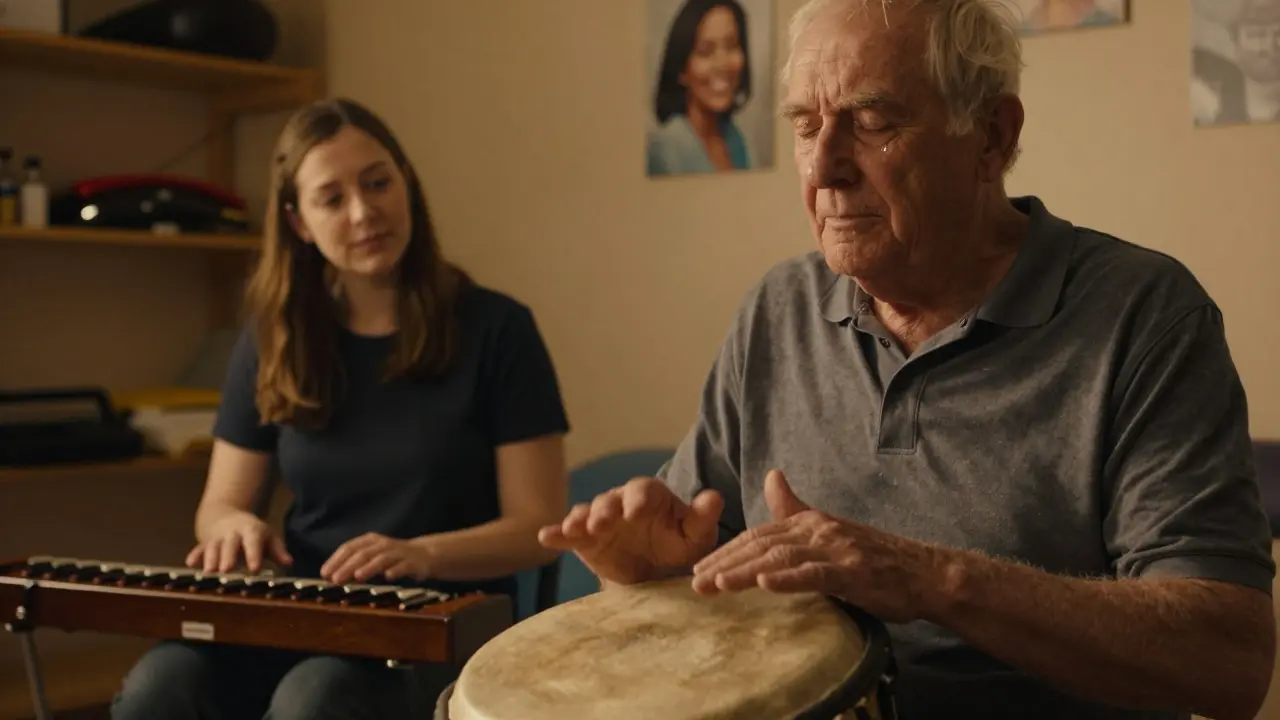 An elderly man tapping a drum in a therapy room, tears on his cheek, warm light surrounding him.