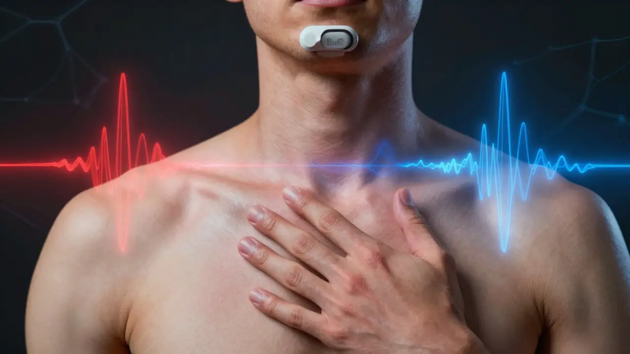 Close-up of forehead sensor with visual representation of muscle tension decreasing during breathing.
