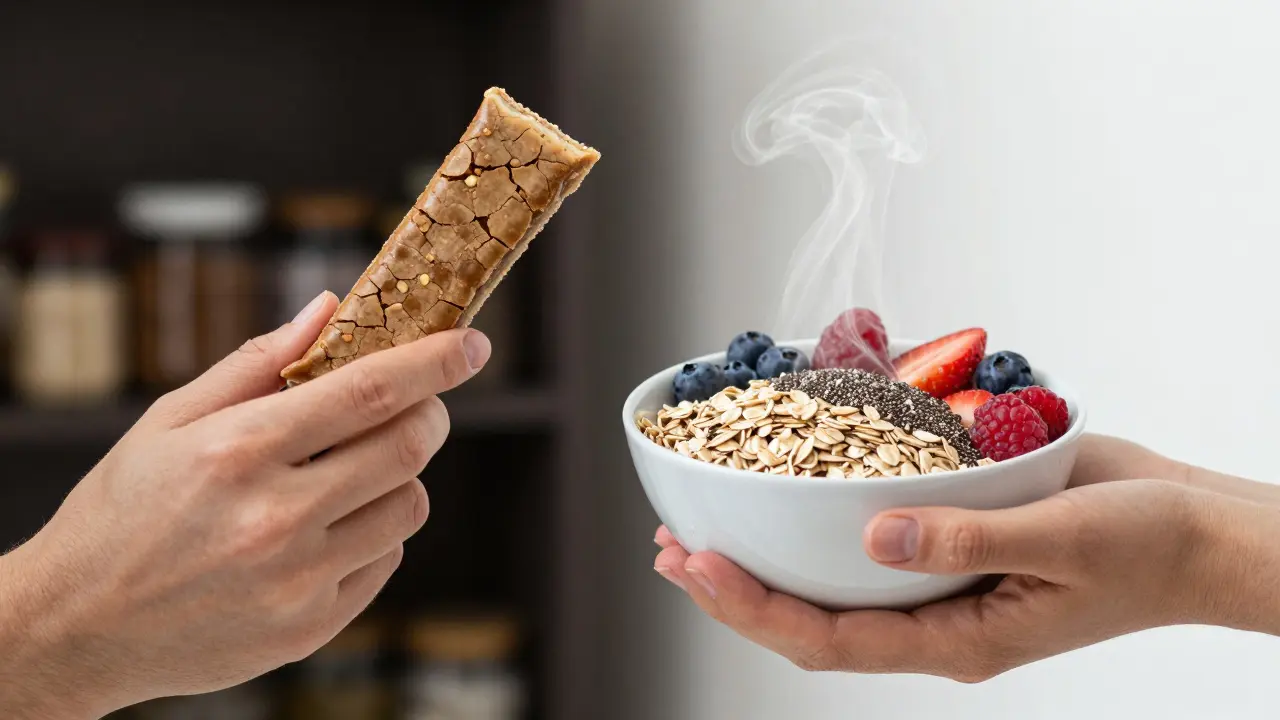 Contrasting hands holding unhealthy snack versus nourishing oatmeal bowl with berries.