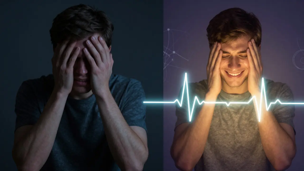 Contrasting images of stress and relaxation shown side by side, illustrating biofeedback's role in regaining bodily control.