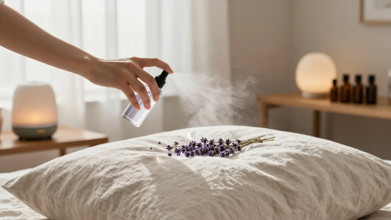 Lavender mist being sprayed on a pillowcase at bedtime with soft moonlight.