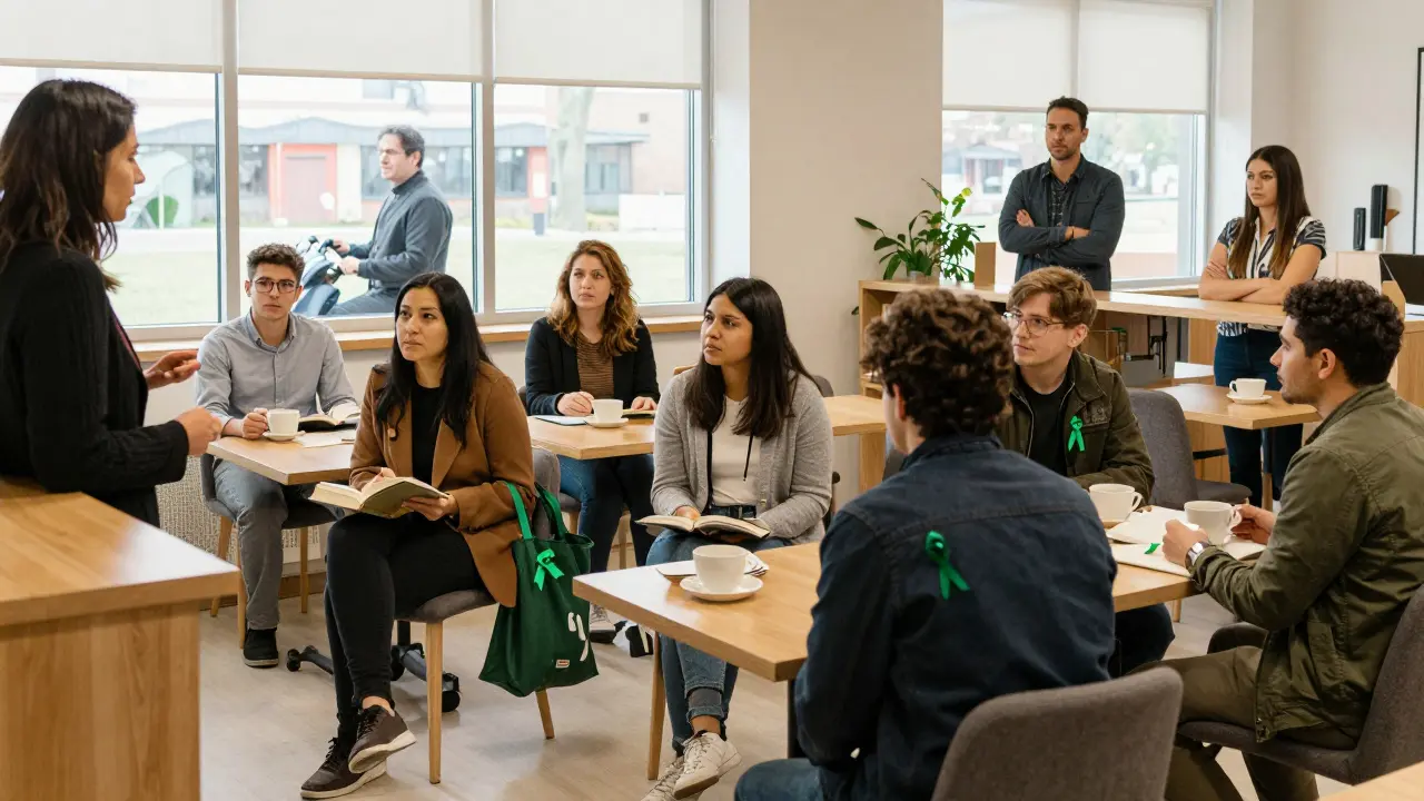 People in a library sharing quiet moments with community members trained to listen.