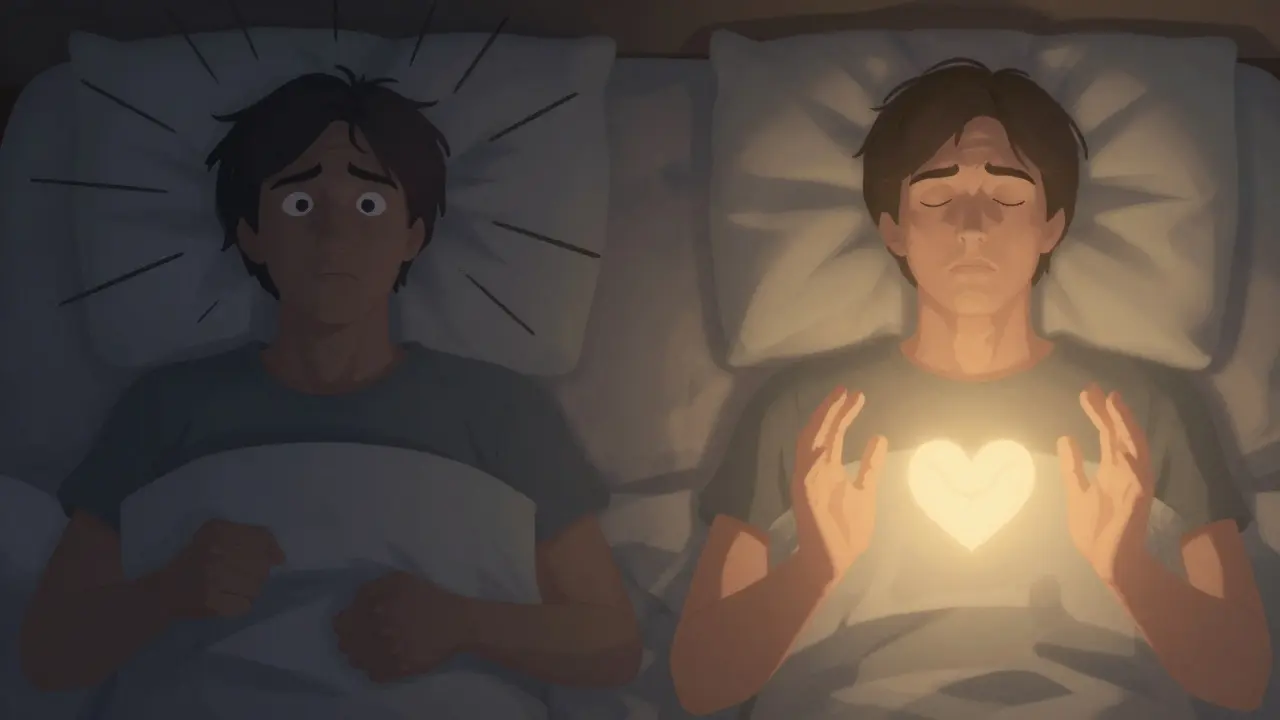 Split image showing transition from stressed insomnia to calm relaxation through biofeedback.