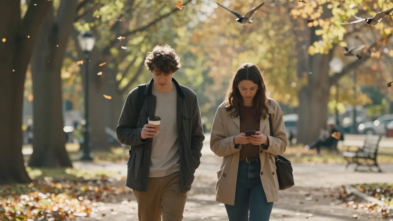 Two people walk peacefully in a park, no phones, no symptom checking—just calm movement among autumn trees.