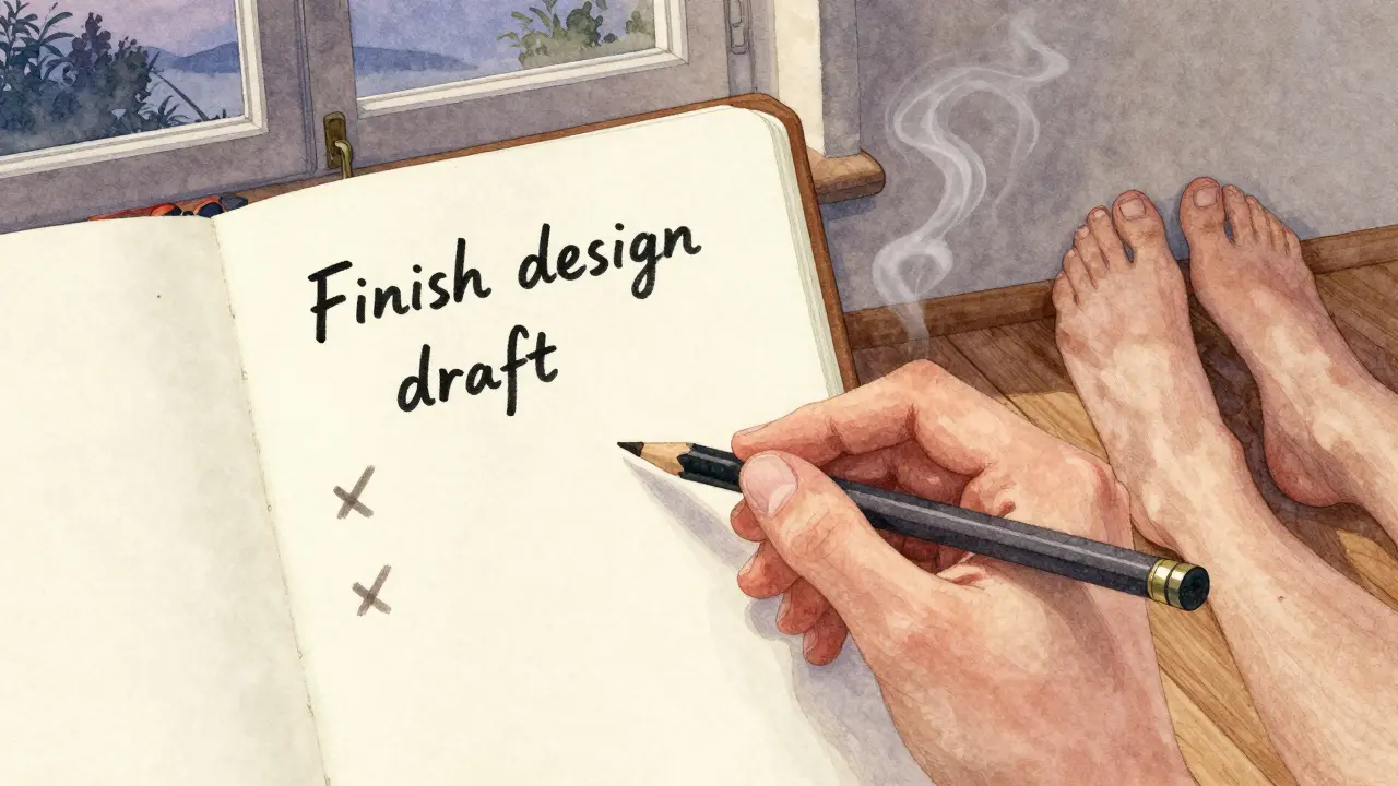 A hand writing one task on a notepad, two others crossed out, bare feet on floor at twilight.