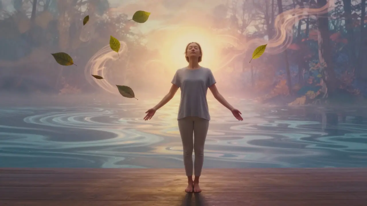 A person using guided imagery, surrounded by floating sensory elements like leaves, water, and light in a dreamy forest setting.