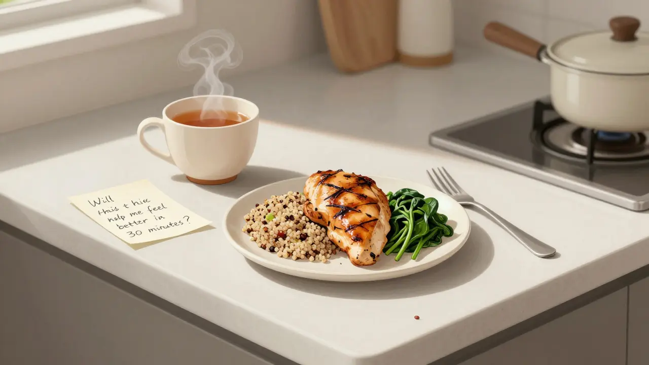 A simple, mindful meal with a reflective note, highlighting food as fuel not reward.