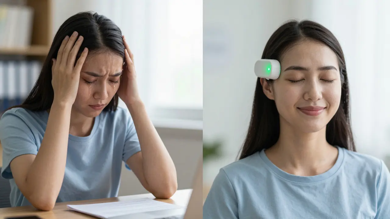 A split image contrasting a person experiencing panic versus calm, with biofeedback device emitting a soft pulse of light.
