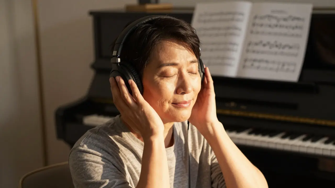 Adult listening to music therapy with headphones