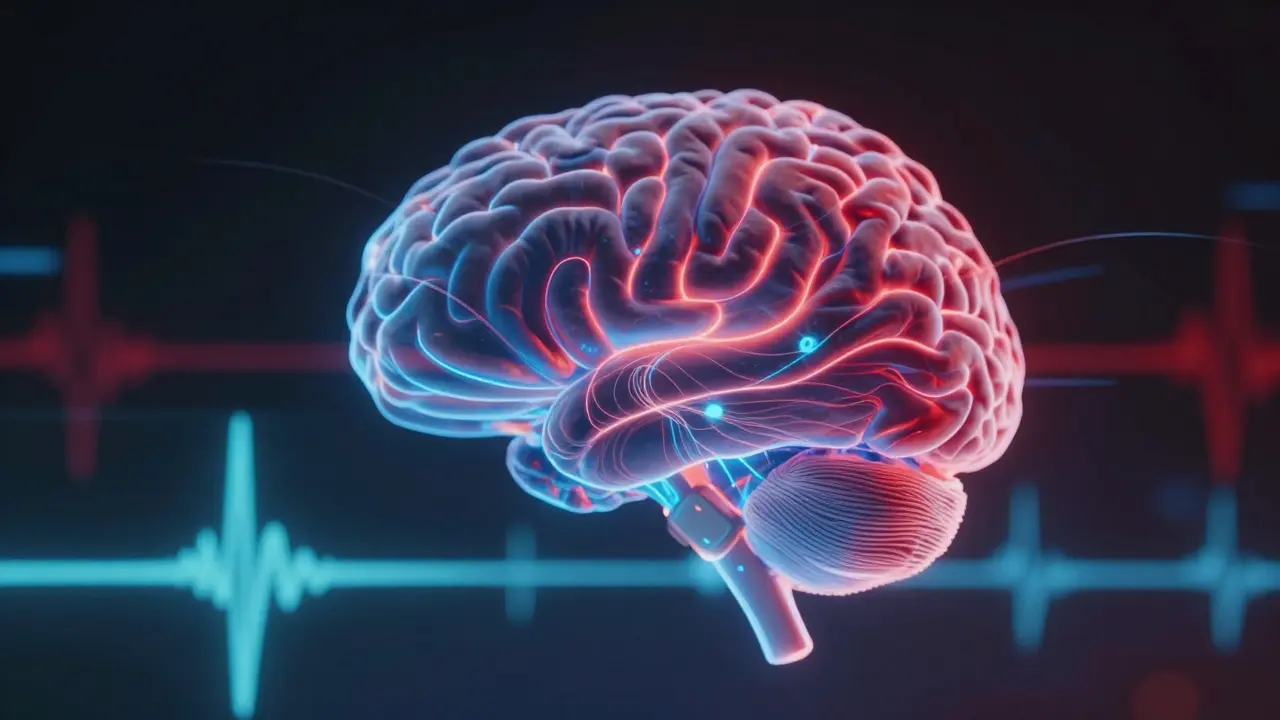 An abstract visualization of brainwave patterns shifting from stress to calm, with glowing light trails connecting to a biofeedback device.