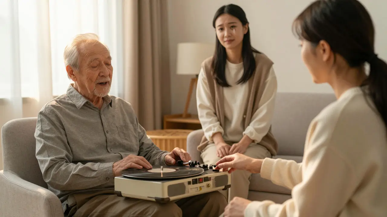 An elderly man singing along to music with a therapist, reconnecting with memories and family.