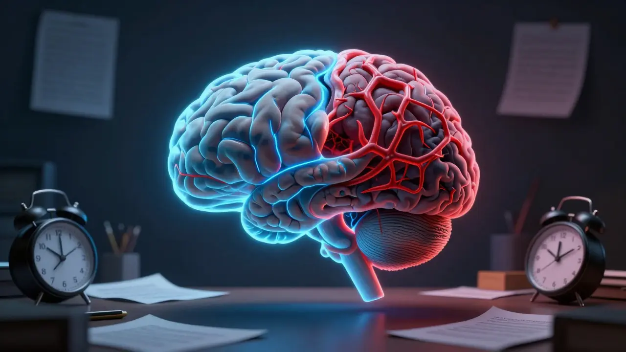 Anatomical brain illustration showing calm blue light versus chaotic red stress patterns.