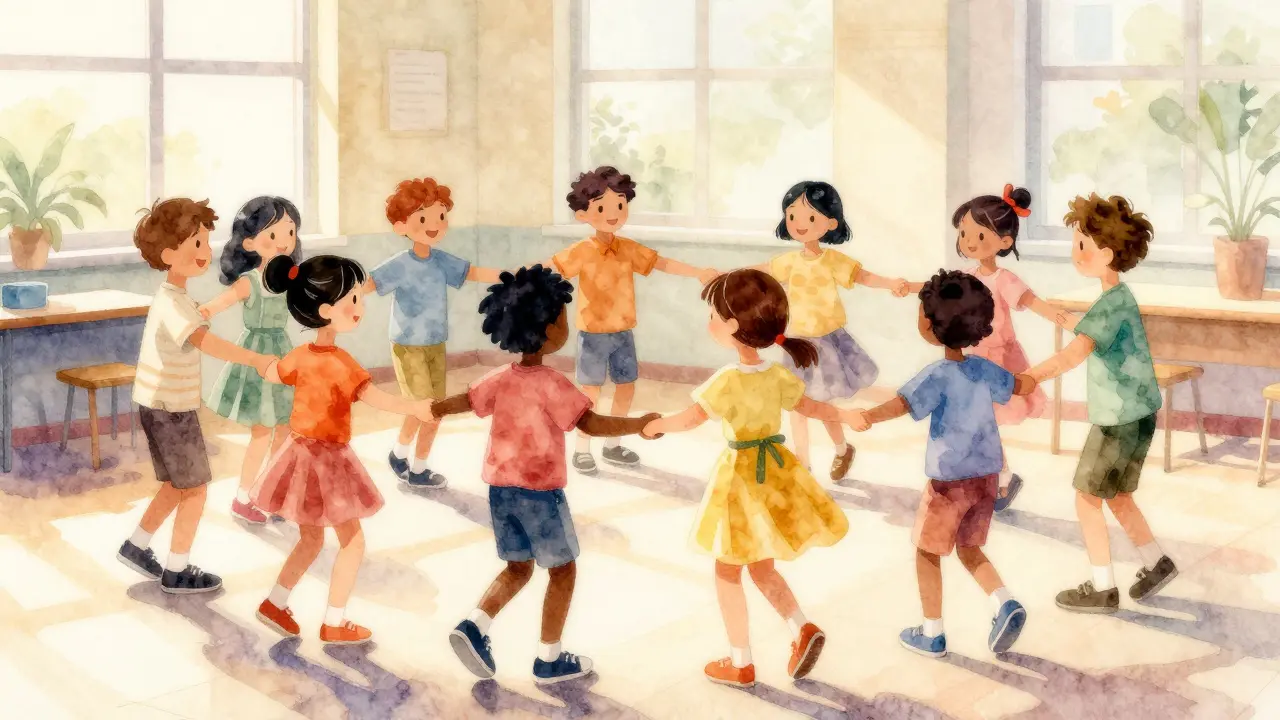 Diverse children dancing and making eye contact in therapy