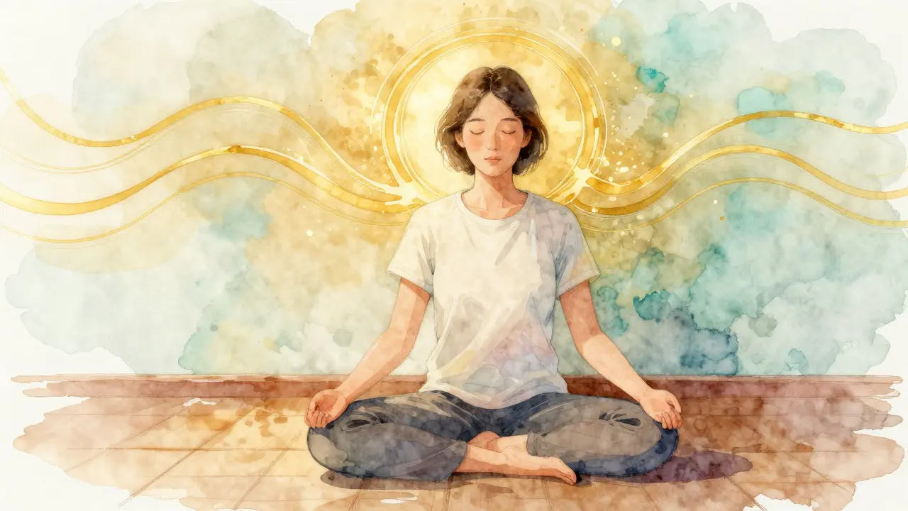 Person practicing breathing exercise with golden breath wave visualization