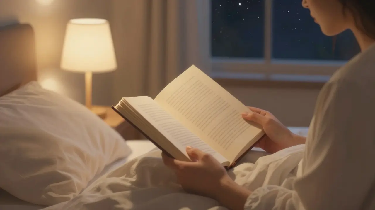 Person reading book in bed under warm lamplight with starry night window