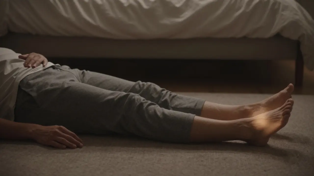Someone practicing progressive muscle relaxation on the floor, with gentle light highlighting tension release from feet to head.