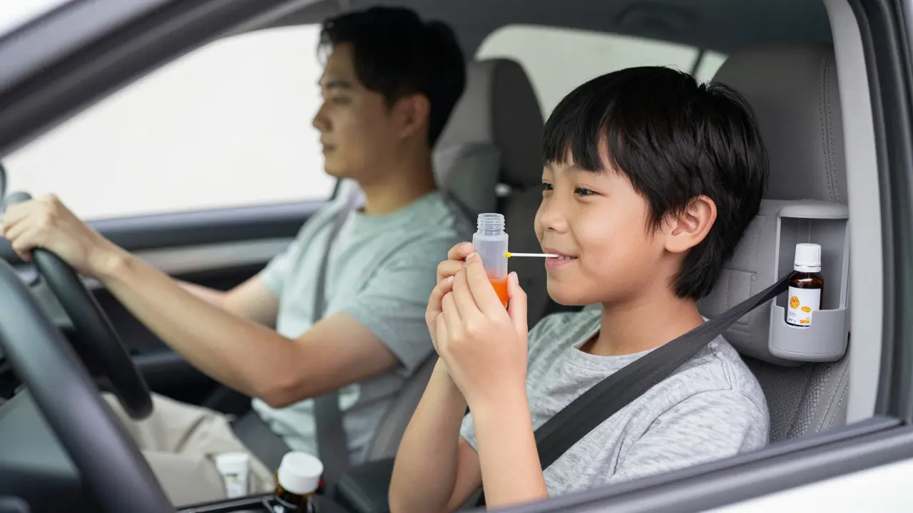 A child uses a personal inhaler with sweet orange oil during a calm car ride.