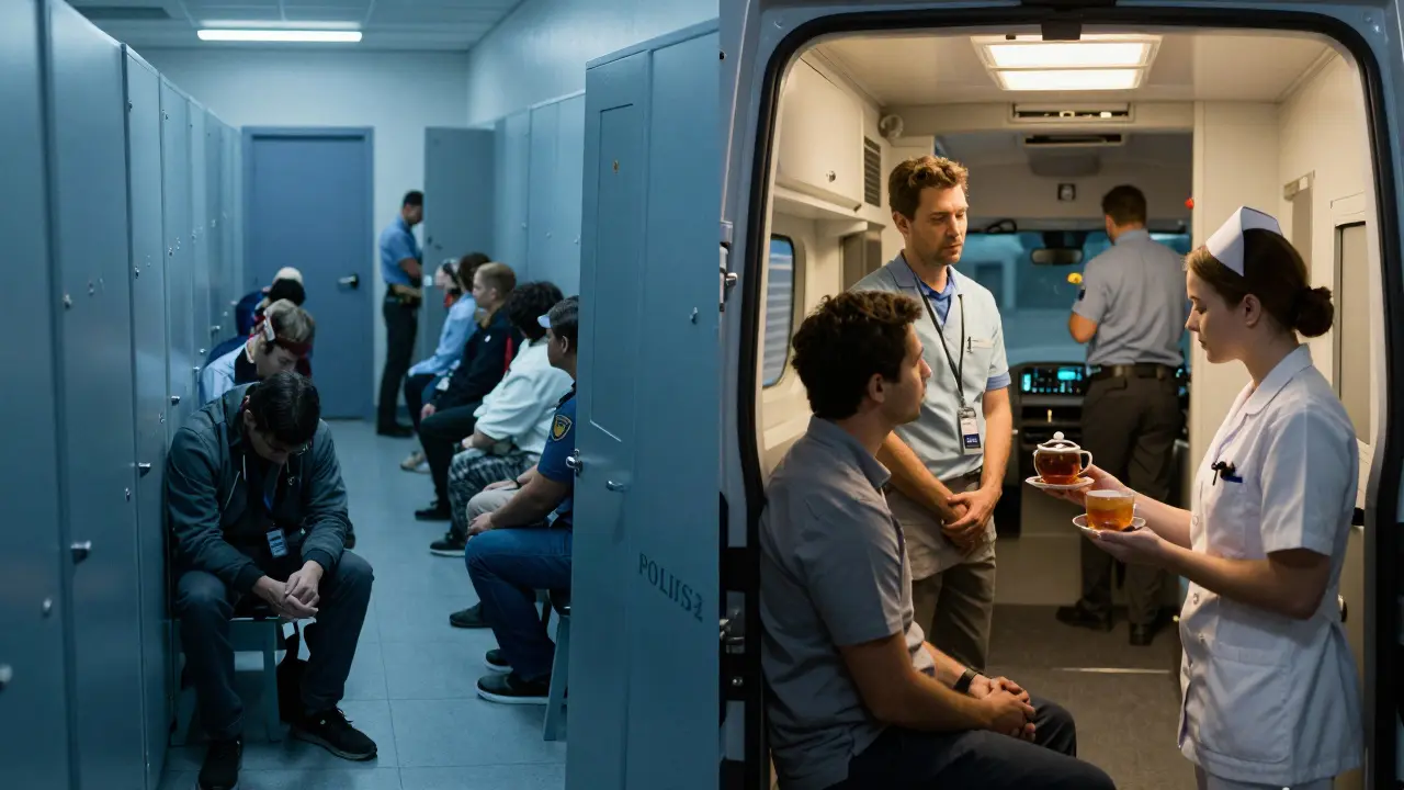A distressed person in a police cell vs. a calm crisis van with trained supporters.