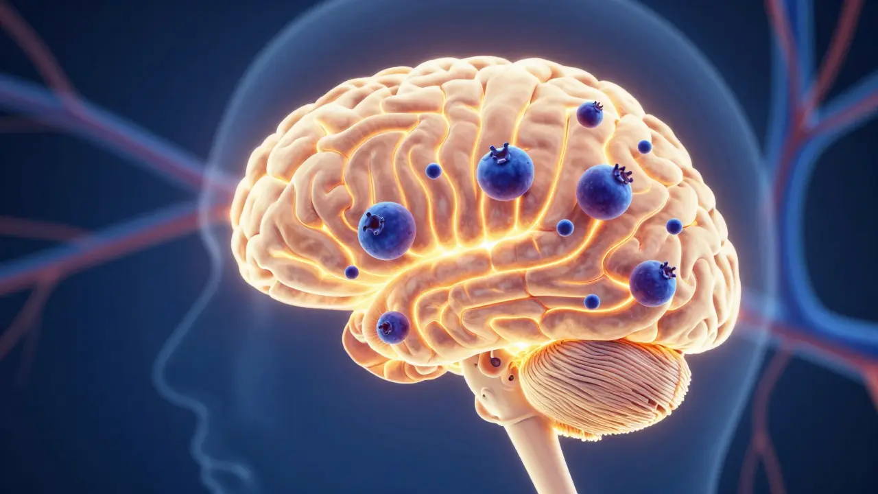 A glowing brain surrounded by blueberry shapes and antioxidant molecules, symbolizing cognitive health.