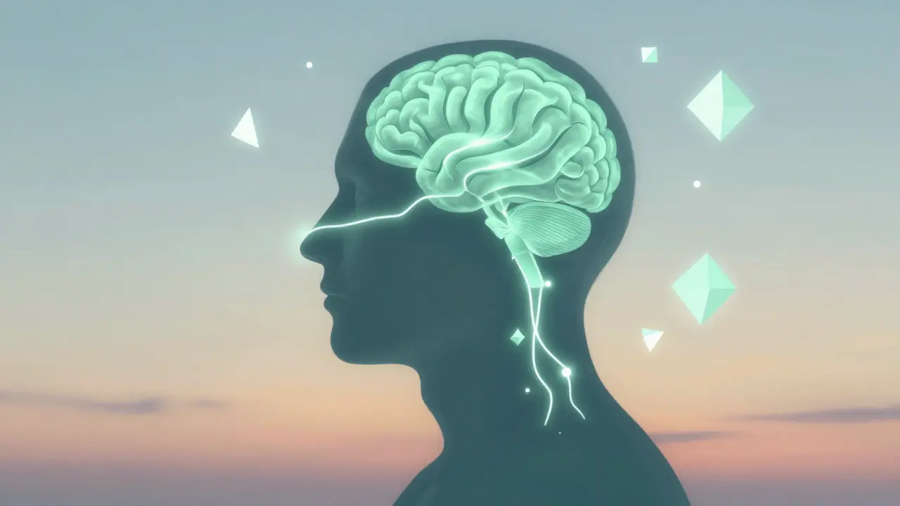 A glowing silhouette showing peppermint oil enhancing mental focus through neural pathways.