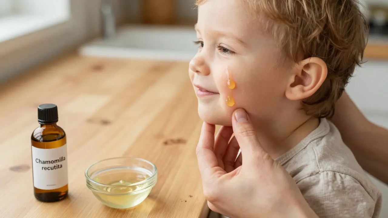 A parent gently applies diluted chamomile oil to a toddler's jawline for teething comfort.