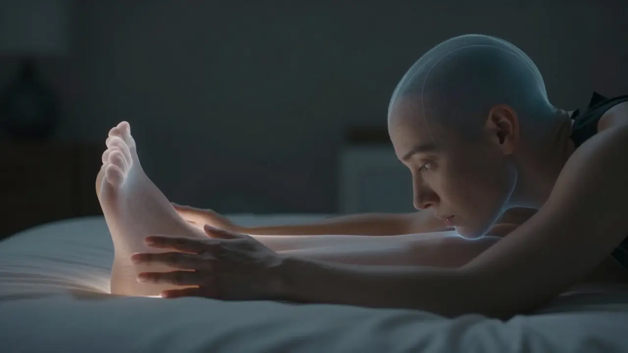 A person gently scanning their body in bed, with faint glowing outlines tracing attention from toes to scalp.