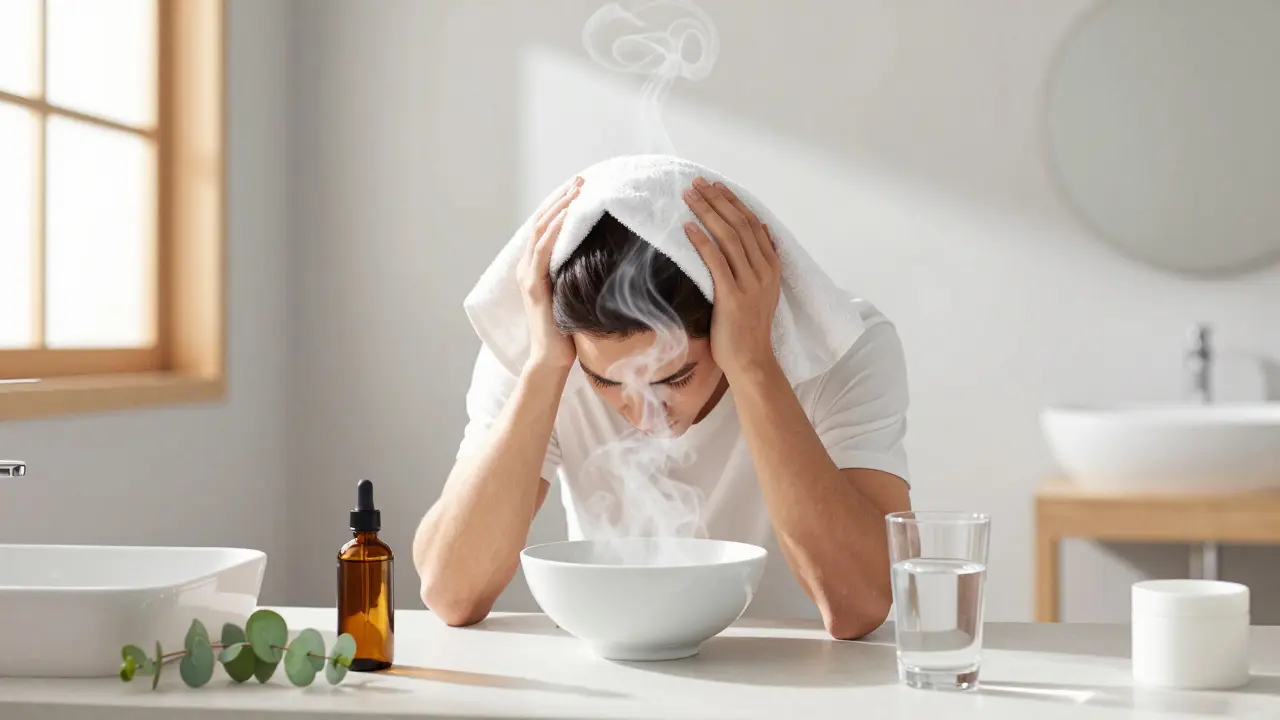 A person inhaling eucalyptus steam with a towel over their head, clearing nasal congestion.