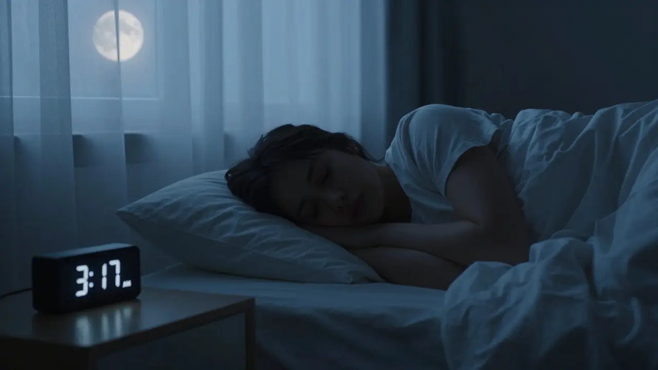A person sleeping soundly in a dark, quiet bedroom, highlighting the importance of rest for emotional balance.