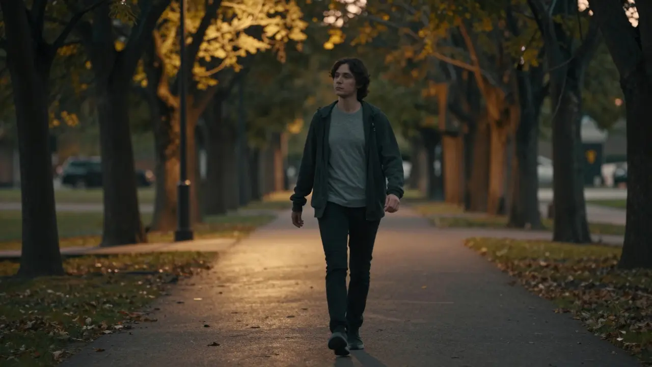 A person walking peacefully along a tree-lined path at dusk, illustrating how movement improves mood.