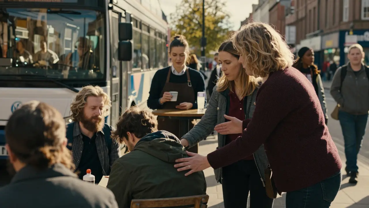 Community members in Glasgow quietly support someone in distress, showing human connection.