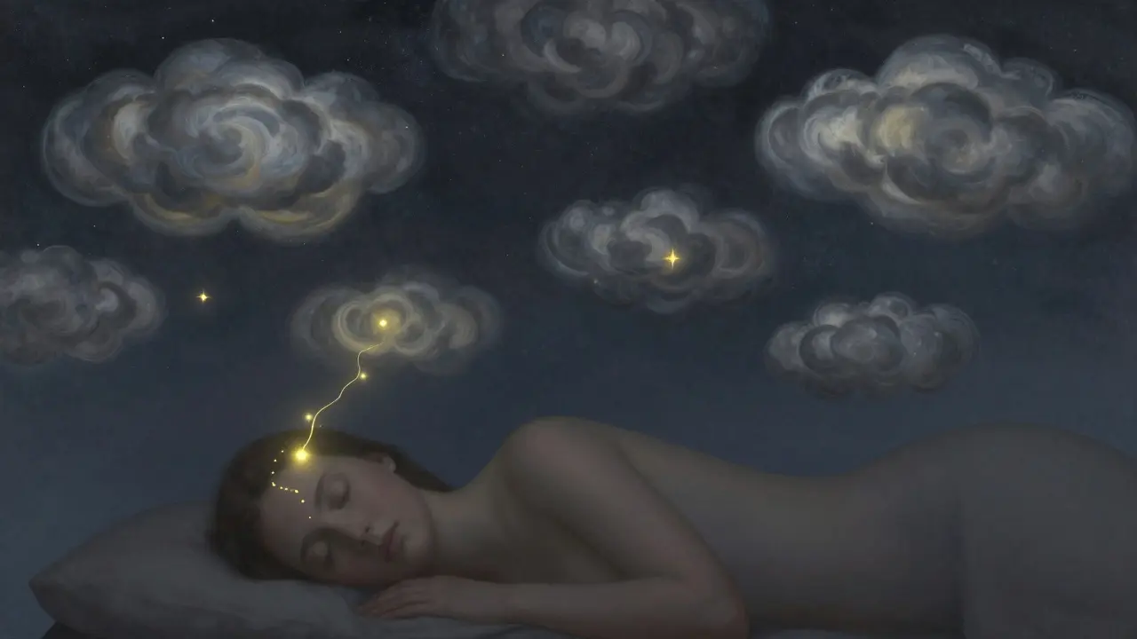 Dark thought clouds drifting away under a starry sky while a peaceful figure sleeps below, illuminated by golden light.