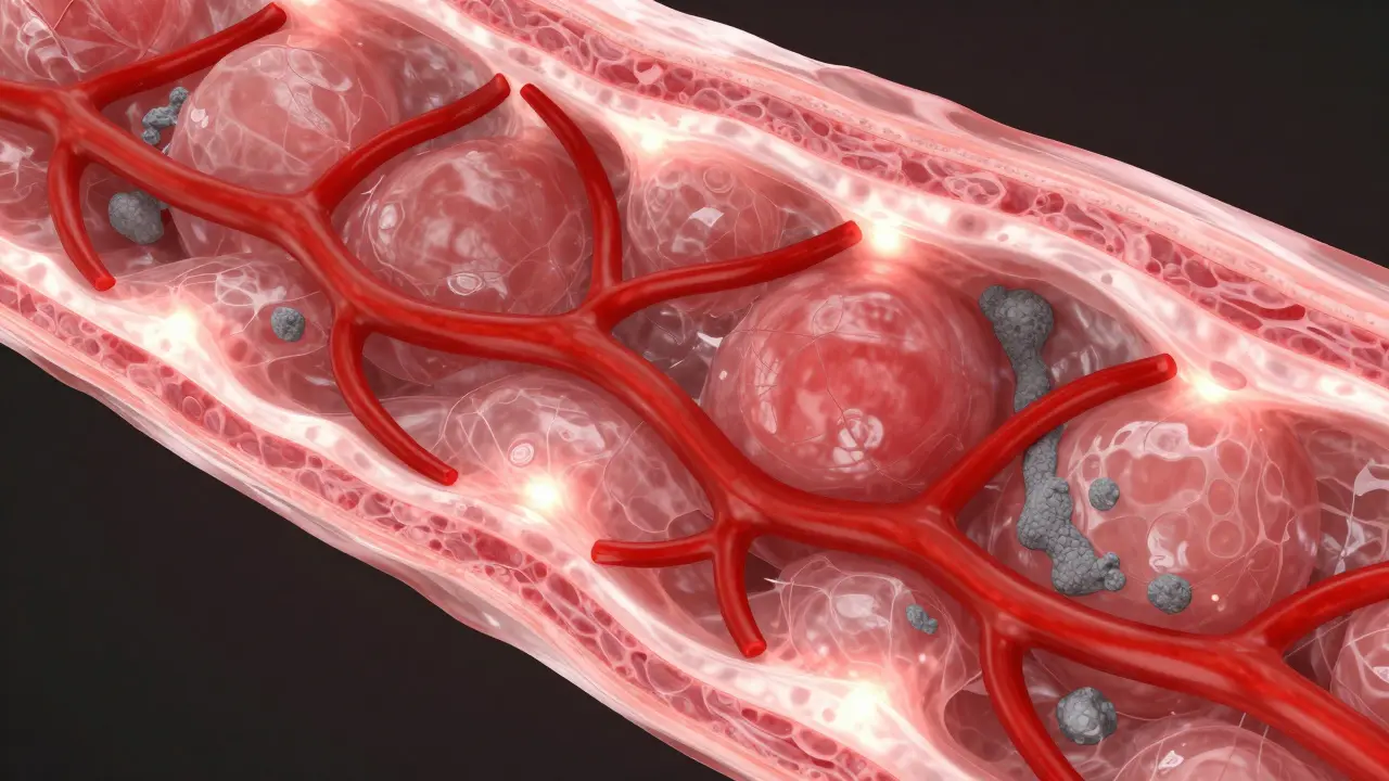 Microscopic view of healthy muscle fibers and blood flow
