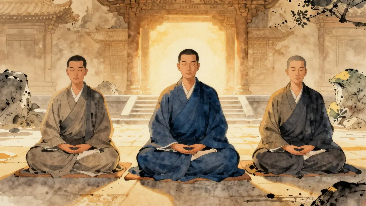 Three meditators in traditional robes practicing seated meditation