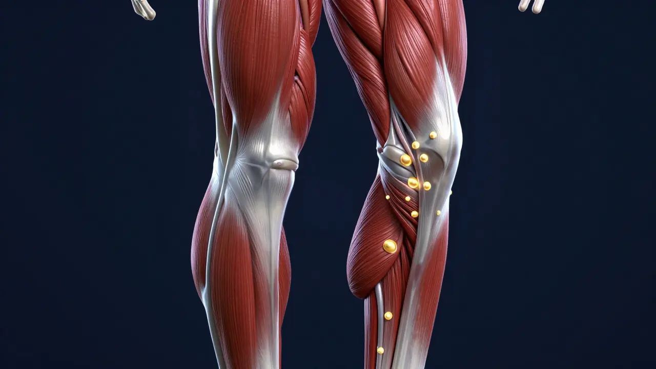 3D anatomical visualization of muscle fibers and fascia with highlighted knots.