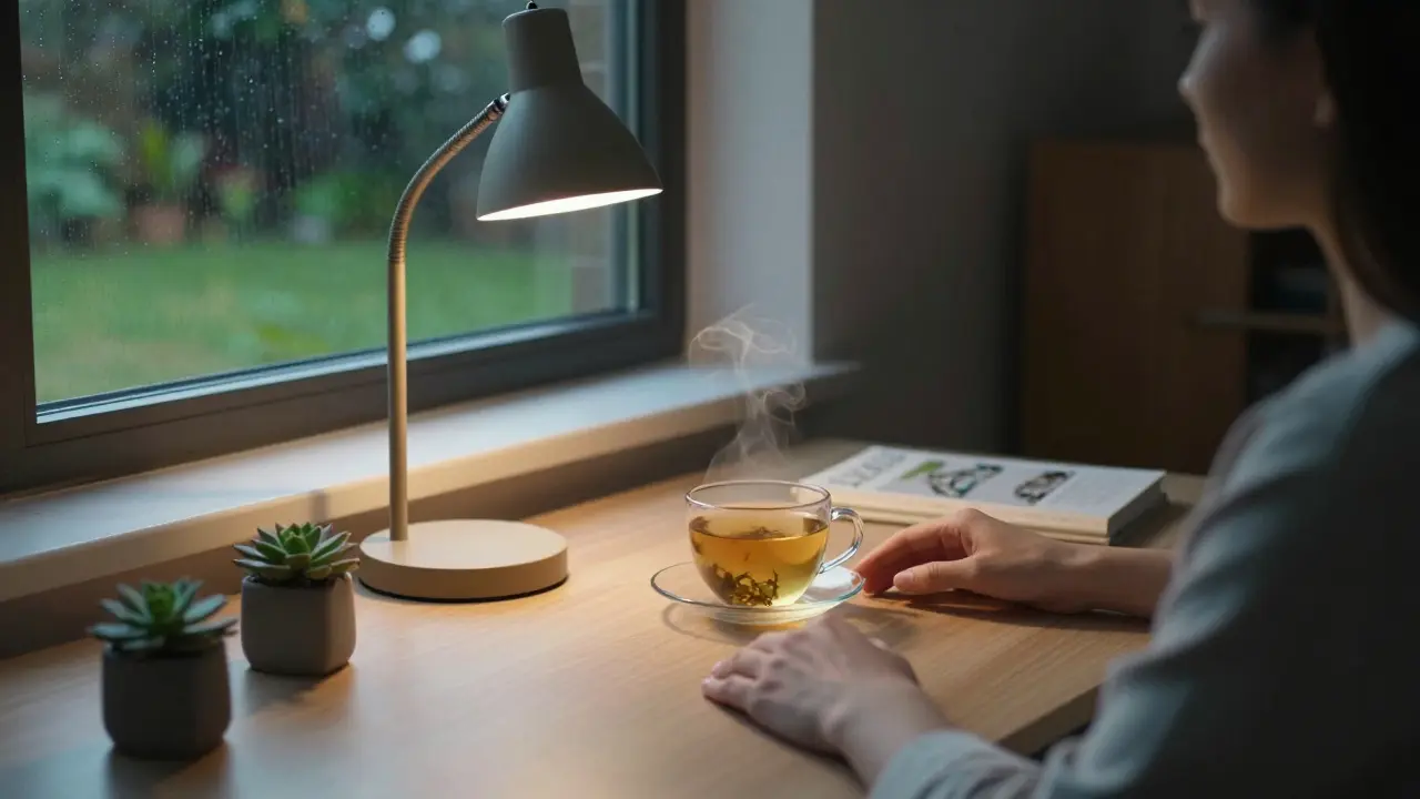 A clean, organized workspace with warm lighting and a cup of tea, evoking serenity.