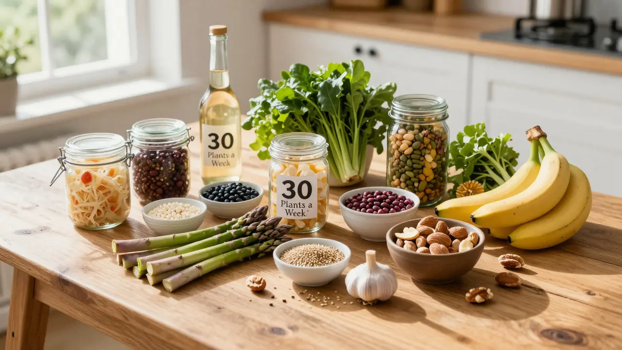 A diverse arrangement of fermented foods, vegetables, nuts, and seeds on a wooden table.